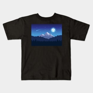 Snowy Cold Night Shooting Stars D20 Dice Moon Landscape Kids T-Shirt